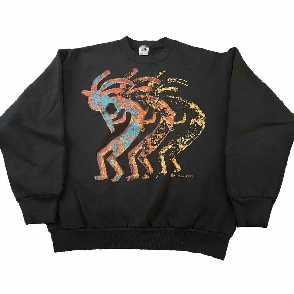 Kokopelli Vintage Sweatshirt Black Size Large crewneck Aztec Print
